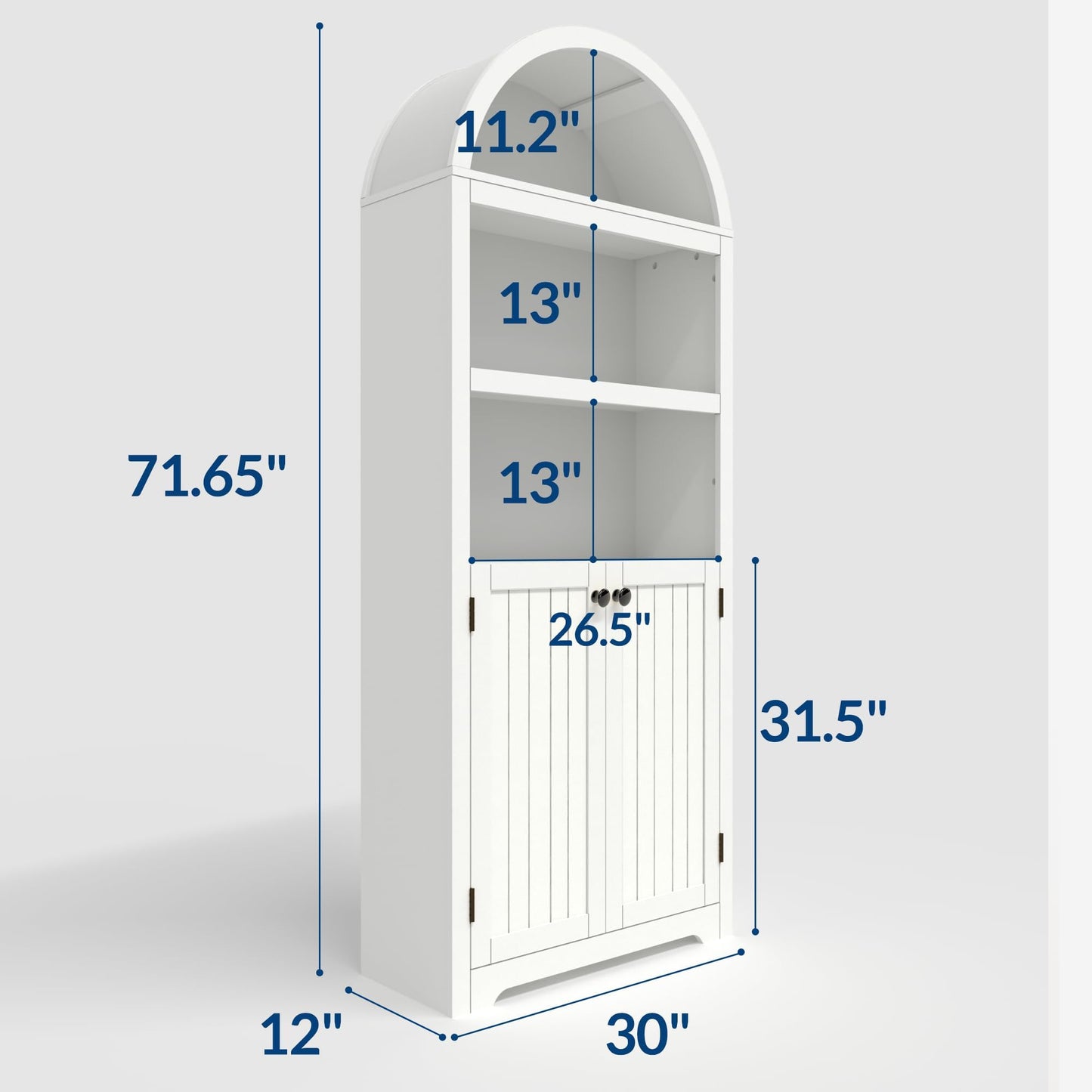 IDEALHOUSE Arched Bookcase with Doors, 72 Inch Tall Storage Bookshelf with Cabinet and Shelves, Wooden Display Bookcase for Living Room, Home Office, White with Black Handles