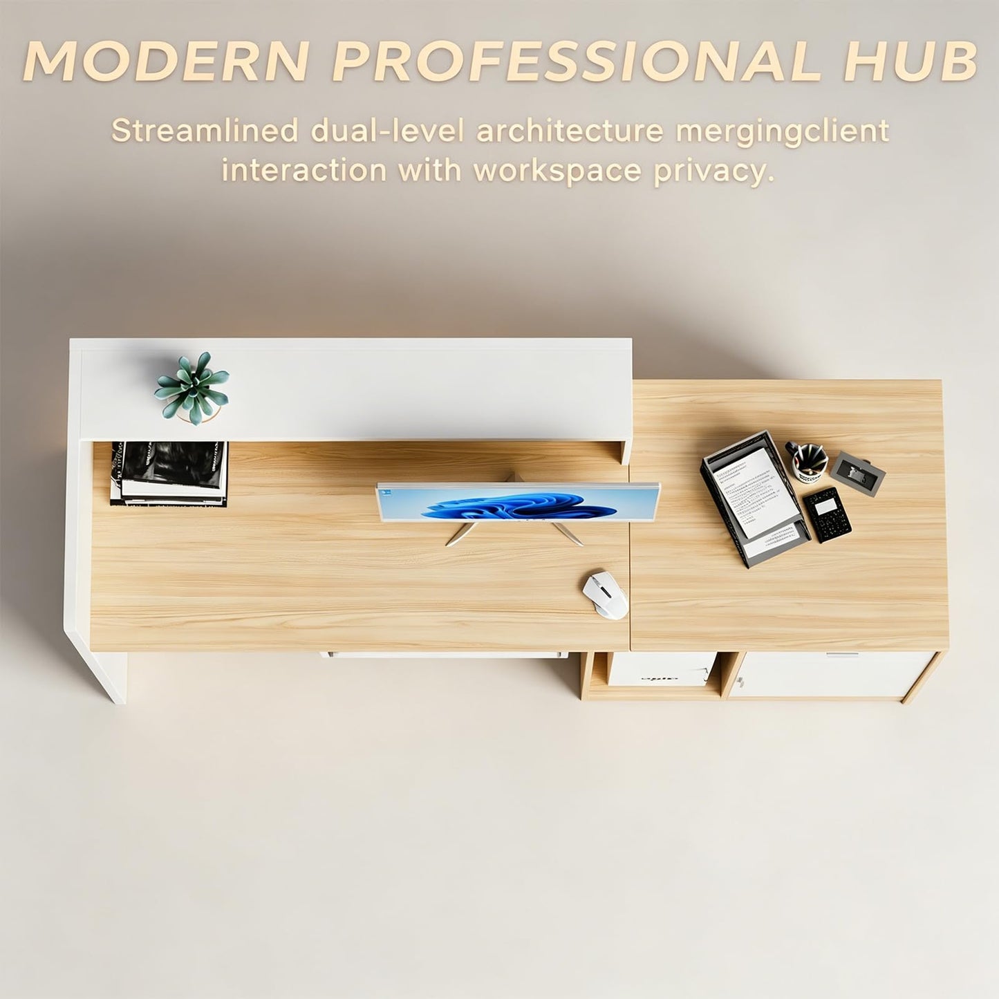 Reception Desk with Cabinet,63 Inch Modern Front Desk Reception with Cable Grommet and Keyboard Tray,Ample Workspace, Easy Assembly,for Office,Checkout Counter,Hotel Lobby(White)
