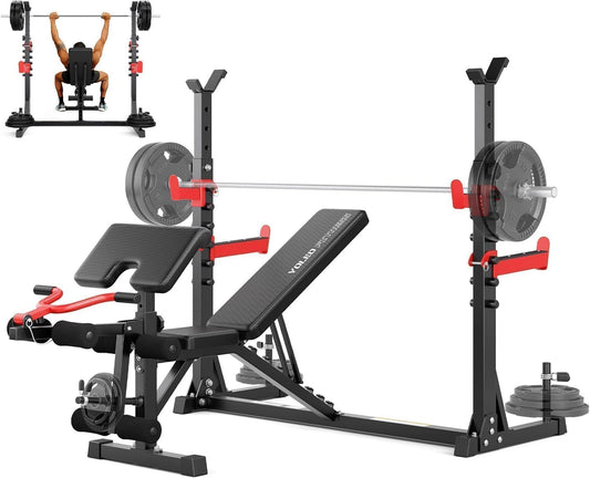 YOLEO Weight Bench with Rack -47.44”Wide Bench Press Set, Safety Catch for Squat, Leg Extension, Preacher Curl & Flat/Incline/Decline Full Body Workout Bench, Adjustable Olympic Weight Benches for Home Gym