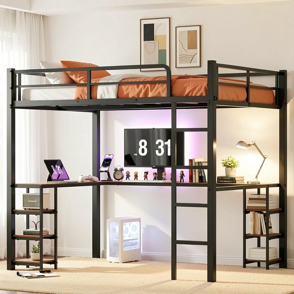 Mixcous Full Size Loft Bed with Desk & Open Shelves, Heavy Duty Metal Bed Frame with Safety Guardrails & Ladder, Loft Beds with Vintage Wood Finish L-Shaped Desk, Black