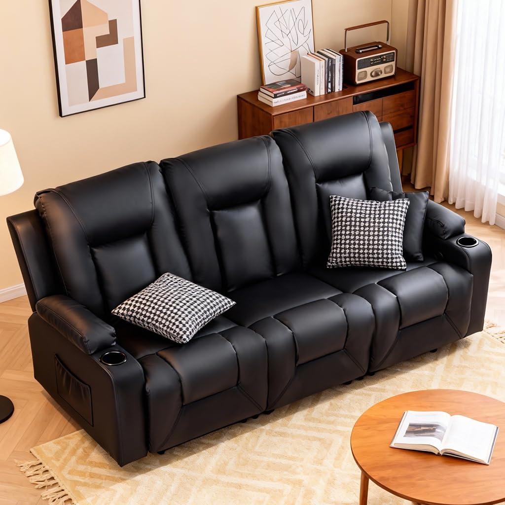 COMHOMA Living Room Furniture Set,Faux Leather Manual Recliner Sofa Sets with Cup Holders,Reclining Couch,Loveseat and Armchair,3,Black