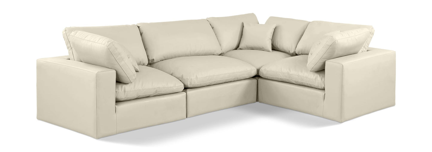 Meridian Furniture 188Cream-Sec4C Comfy Collection Modern | Contemporary Upholstered Modular Sectional, Soft Cream Vegan Leather, Fiber-Filled, 119" W x 80" D x 34.5" H, Cream