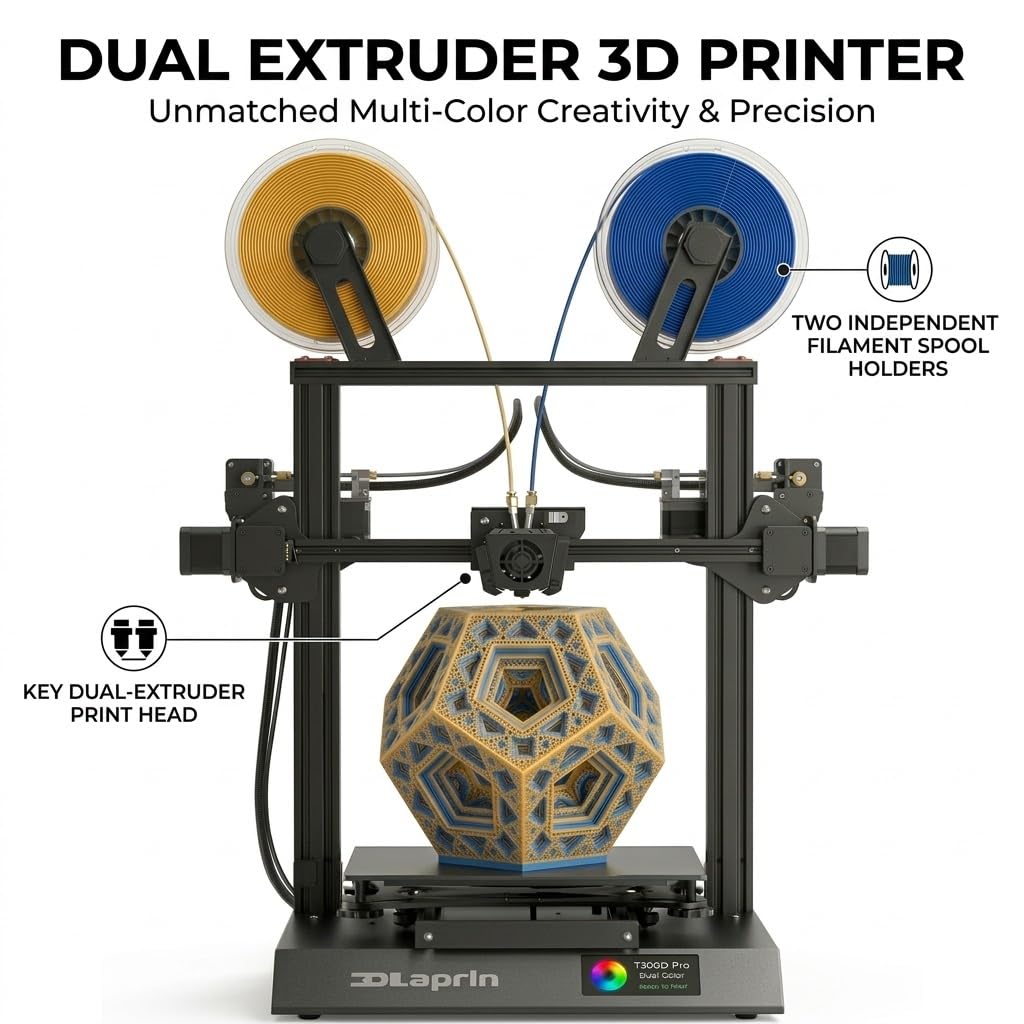 Olaprin T300D Pro Dual Extruder 3D Printer Exceptional Precision | Independent Dual Liner Holders | Complex Multicolor Models, High Speed Dual Color 3D Printer