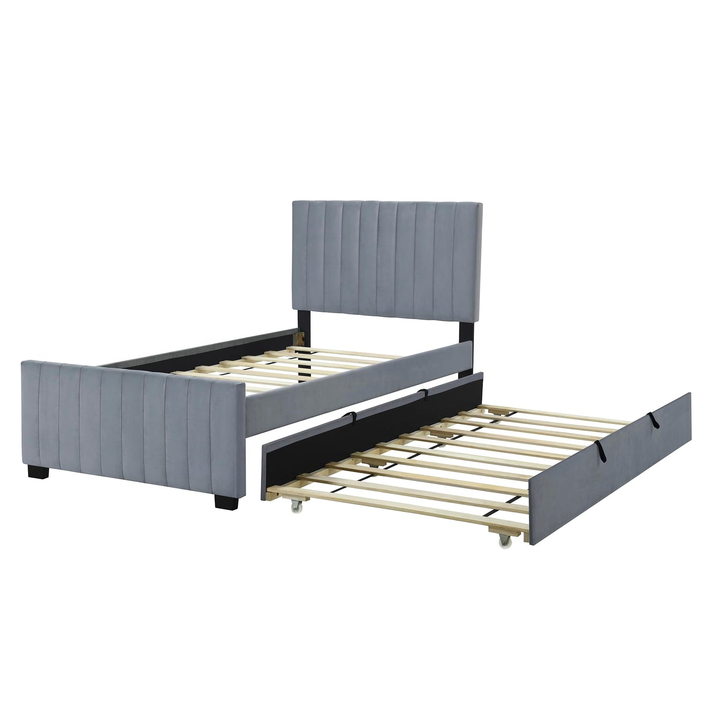 Merax Twin Size Velvet Upholstered Platform Bed, Wood Bed Frame with Twin Size Trundle, Gray