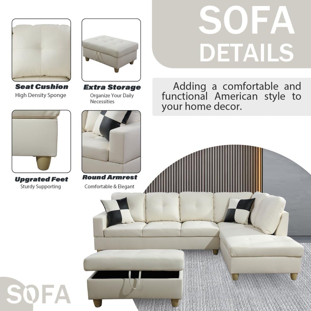 UOCFYK White L-Shaped 3-Piece Faux Leather Sofa with Storage Ottoman Set, Sectional Couch Leather-Like Sofa Set for Living Room, Office, Small Space