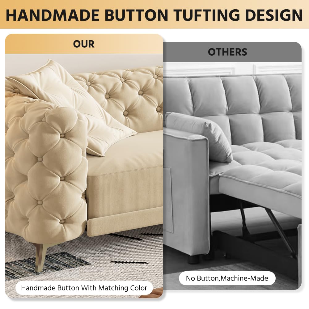 Ball & Cast 3-in-1 Convertible Sleeper Sofa with Movable Ottoman,97.7" Velvet Pull Out Sofa Bed, Modern Button Tufted 4-Seater Sofa Couch with Deep Seat for Living Room, Apartment,Office,Apricot