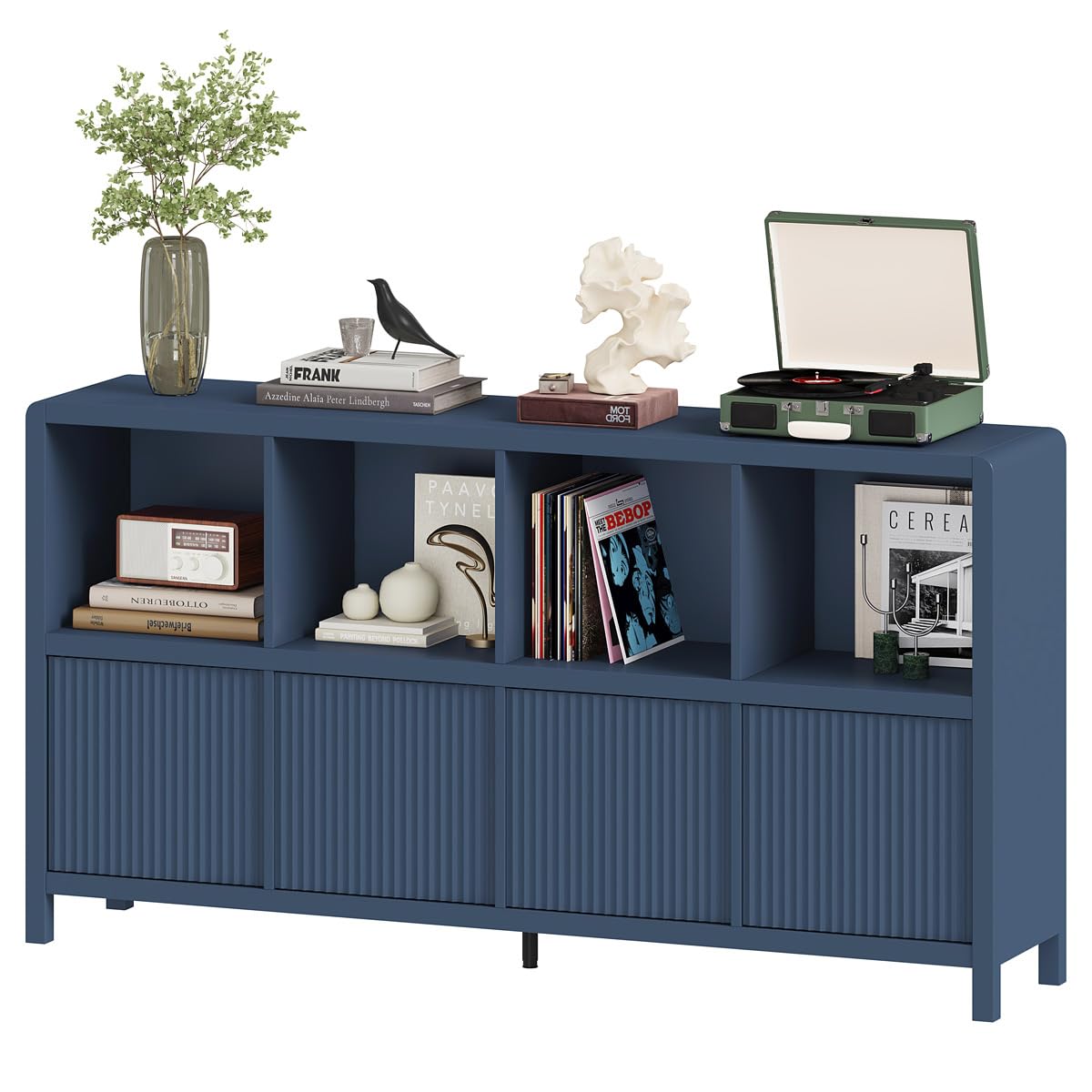 FATORRI 8 Cube Bookcase with 4 Doors, Wooden Bookshelf with Storage Cabinet, Low Horizontal Storage Book Shelf for Home Office, Living Room, Dining (57 Inch Blue)