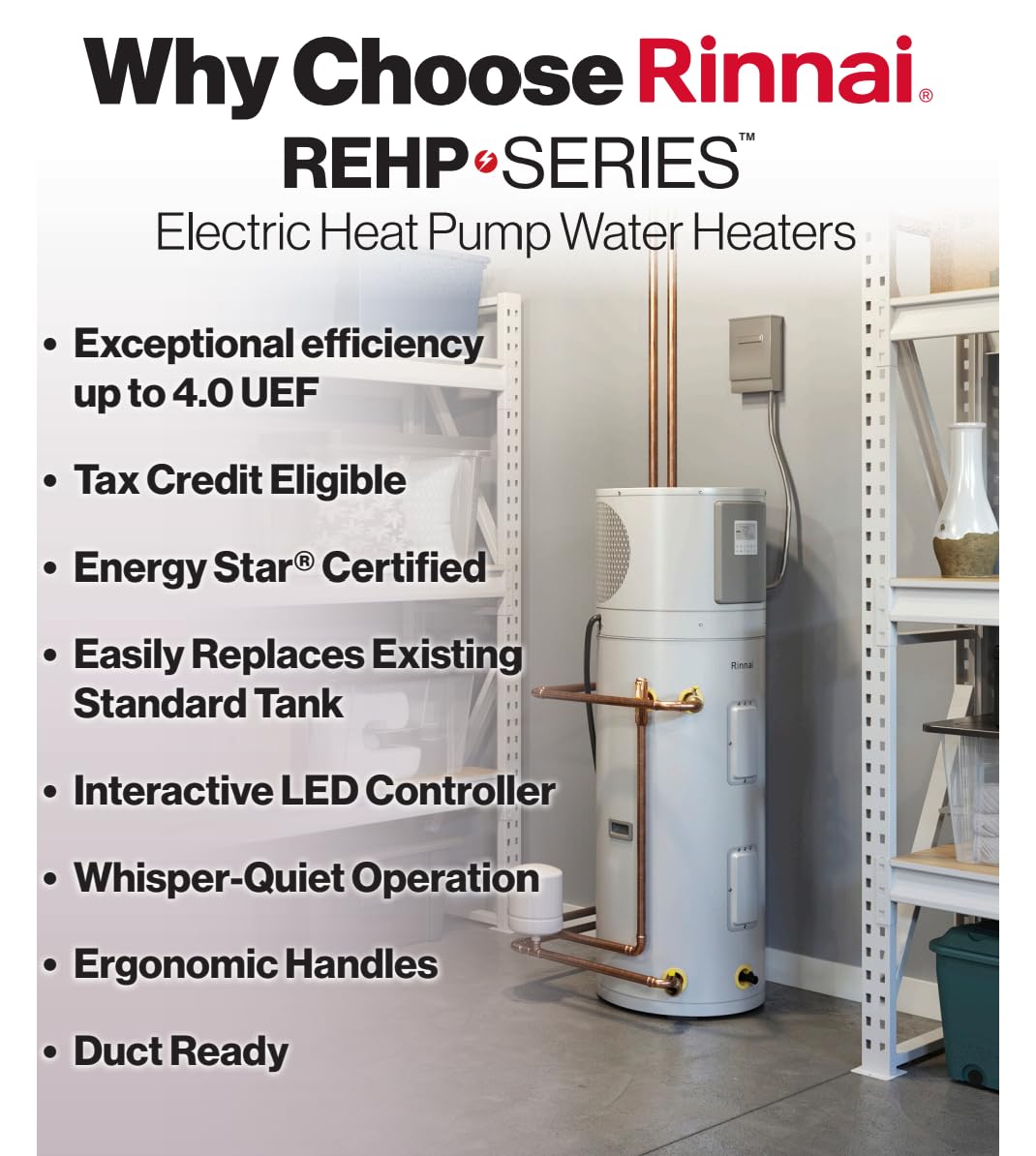 Rinnai REHP65 Electric Heat Pump Water Heater‚ 65 Gallon, 240V, 30A, Energy Star Certified, 3.90 UEF, 80 Gallon First Hour Delivery for Residential Use