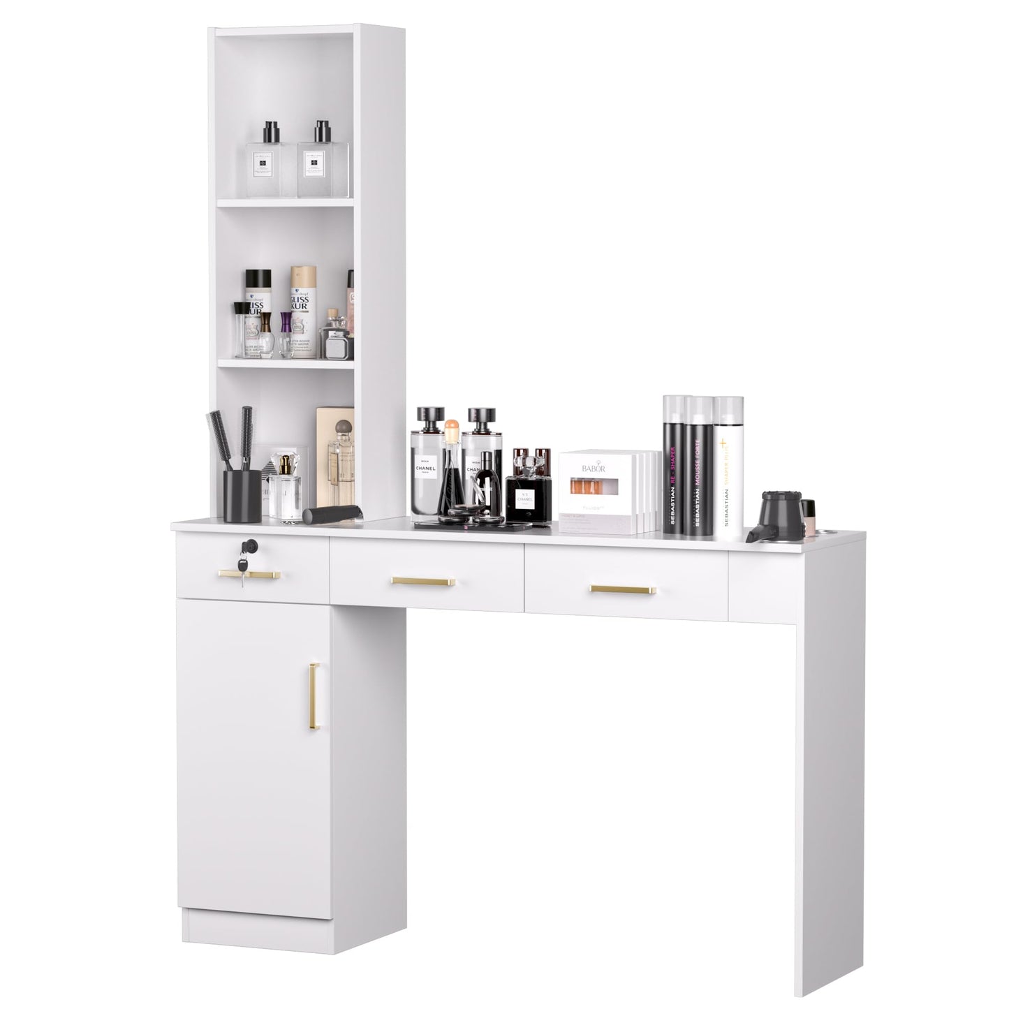 TOVRON Barber Salon Work Station for Hair Stylist Home Beauty Salon Equipment Barber Supplies Organizer Cabinet Barbershop Furniture,White
