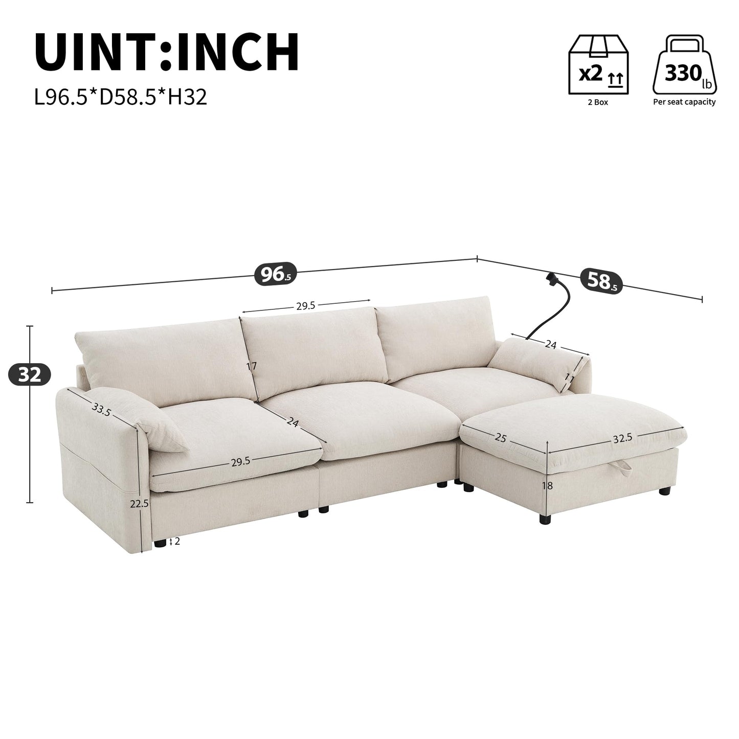 Merax Modern Chenille Sectional Sofa with Storage Ottoman, USB Charging Port & Phone Holder, L-Shaped 4-Seat Couch Set with Deep Seat for Living Room, Apartment, Beige