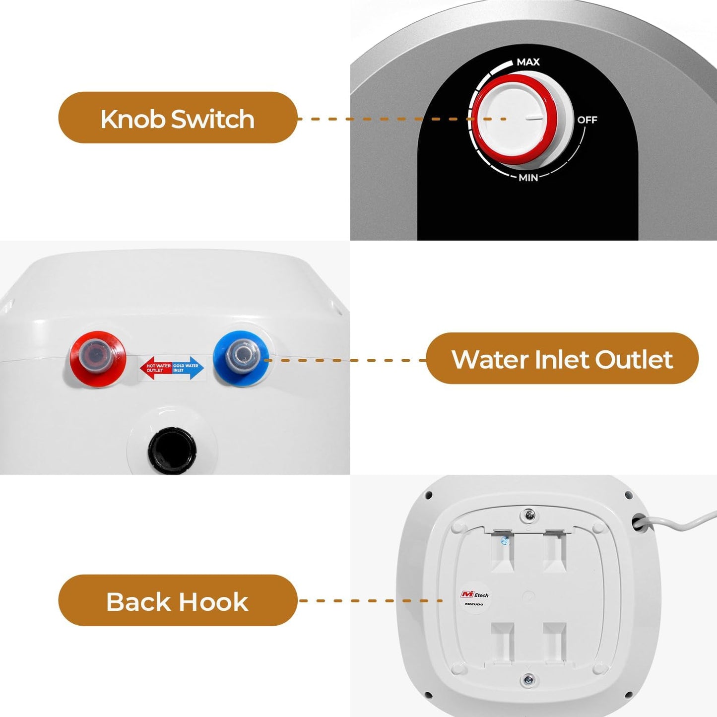 MIZUDO Electric Tank Water Heater - 8.0 Gallon Point of Use Instant Hot Water Heater for RV, Camper, Kitchen, Food Truck, 120V 1440W, Under Sink, Wall or Floor Mounted, Easy to Install