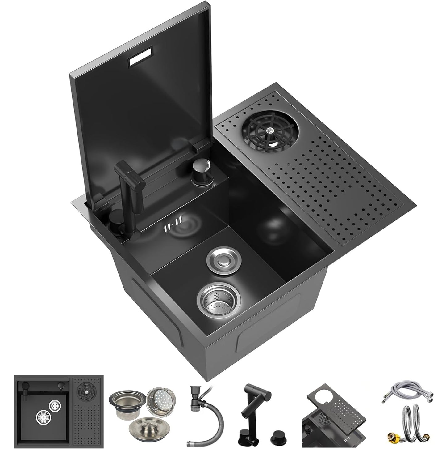 COZHAO Concealed Black Stainless Steel Slow Drop Bar Sink for Center Island, Motor Home, Western Style Countertop，Included Rotating Folding Faucet，Press Cup Washer（21.6 x 17.7 inch）