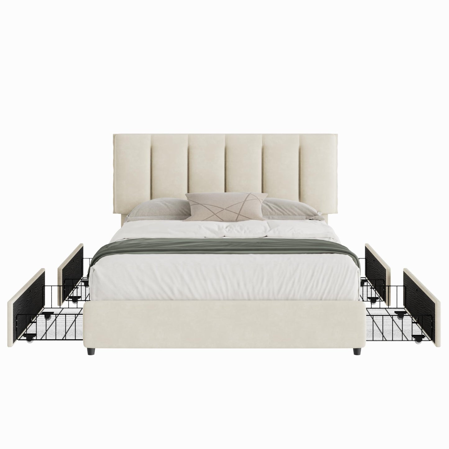 VECELO Queen Size Bed Frame with 4 Storage Drawers, Adjustable Height Headboard, Heavy-Duty Platform Bedframe with Strong Wooden Slats, No Box Spring Needed, Pale Beige