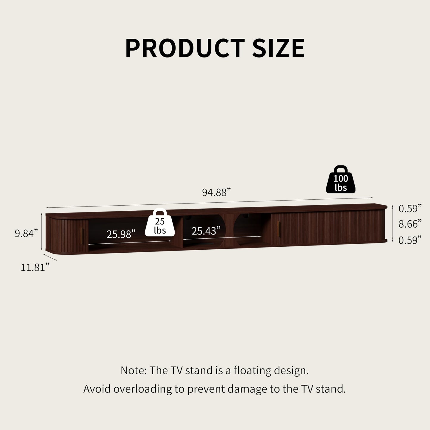 DHH 94.8" Floating TV Stand with Power Outlet for TVs up to 100", Mid Century Modern TV Console with RGB LED Lights, Fluted Entertainment Center with Sliding Door for Living Room, Bedroom (Walnut)