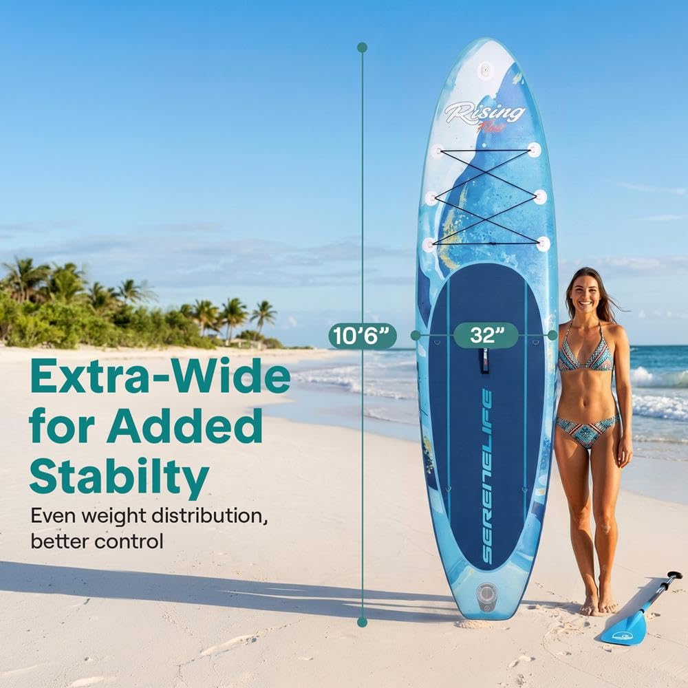 SereneLife Inflatable Stand Up Paddle Board - Wide Stable Design, Non-Slip Deck for Adults & Youth with Premium Paddle Board Accessories: Carry Bag, Dual Action Pump, Paddle, Ankle Leash - 10'6"