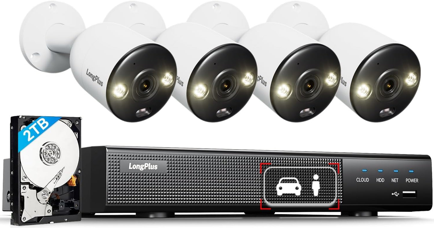 [12MP Ultra HD] LongPlus 12MP Ultra HD PoE Security Camera System, 4 Pcs Outdoor IP Cameras, 132°Wide View & Full Color Night Vision, Smart AI Human Vehicle Detection, 8CH NVR with 2TB HDD