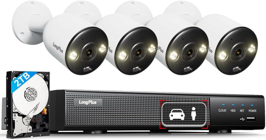 [12MP Ultra HD] LongPlus 12MP Ultra HD PoE Security Camera System, 4 Pcs Outdoor IP Cameras, 132°Wide View & Full Color Night Vision, Smart AI Human Vehicle Detection, 8CH NVR with 2TB HDD