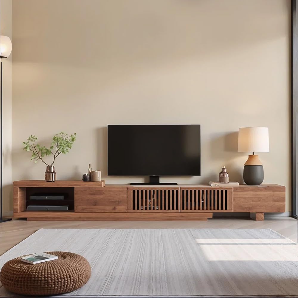 gaoyangjiaju 94.48" Mid Century Modern TV Stand for TVs up to 70"-90",Tv Console with 4 Storage Cabinets, Media Furniture for Living Room or Bedroom,Walnut (78.54“ to 103")