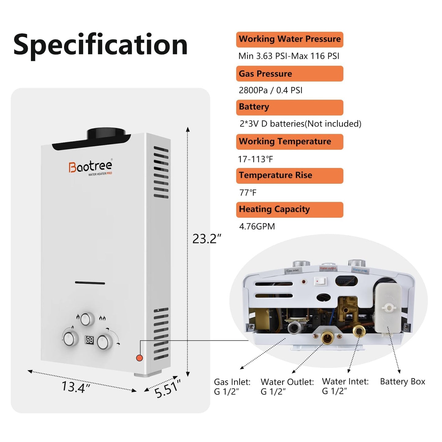 Tankless Water Heater Propane, 4.76 GPM RV Water Heater with Digital Display,18L Portable Instant Hot Gas Water Heater with Overheating Protection for Indoor and Camping,115,425 BTU