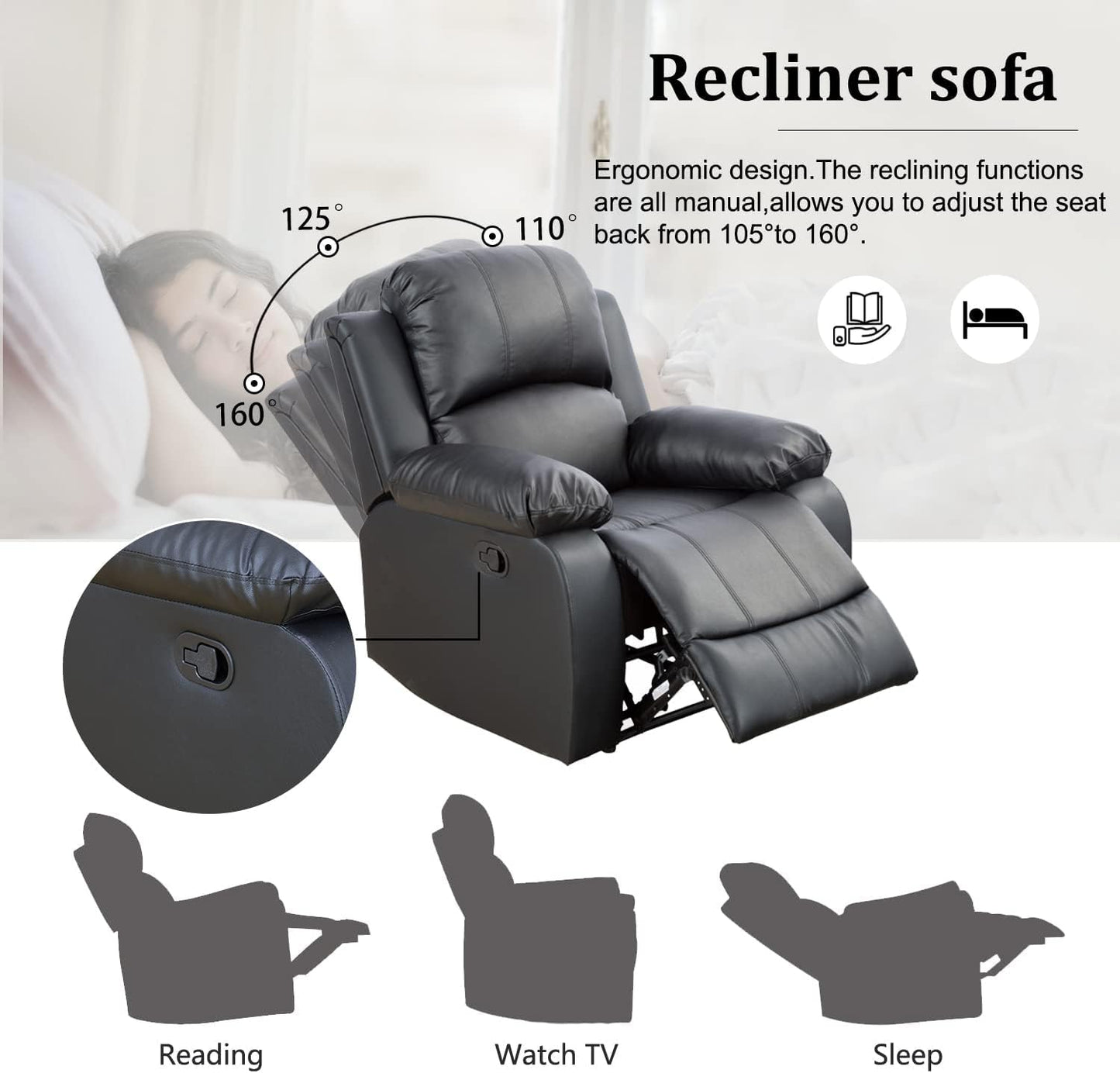 Trygoal Oversized Recliner Chair, Single Leather Power Electric Recliners with Home Theater Seating, Recliner Sofa Breathable Living Room Chairs for Adults Reading Gaming, Black