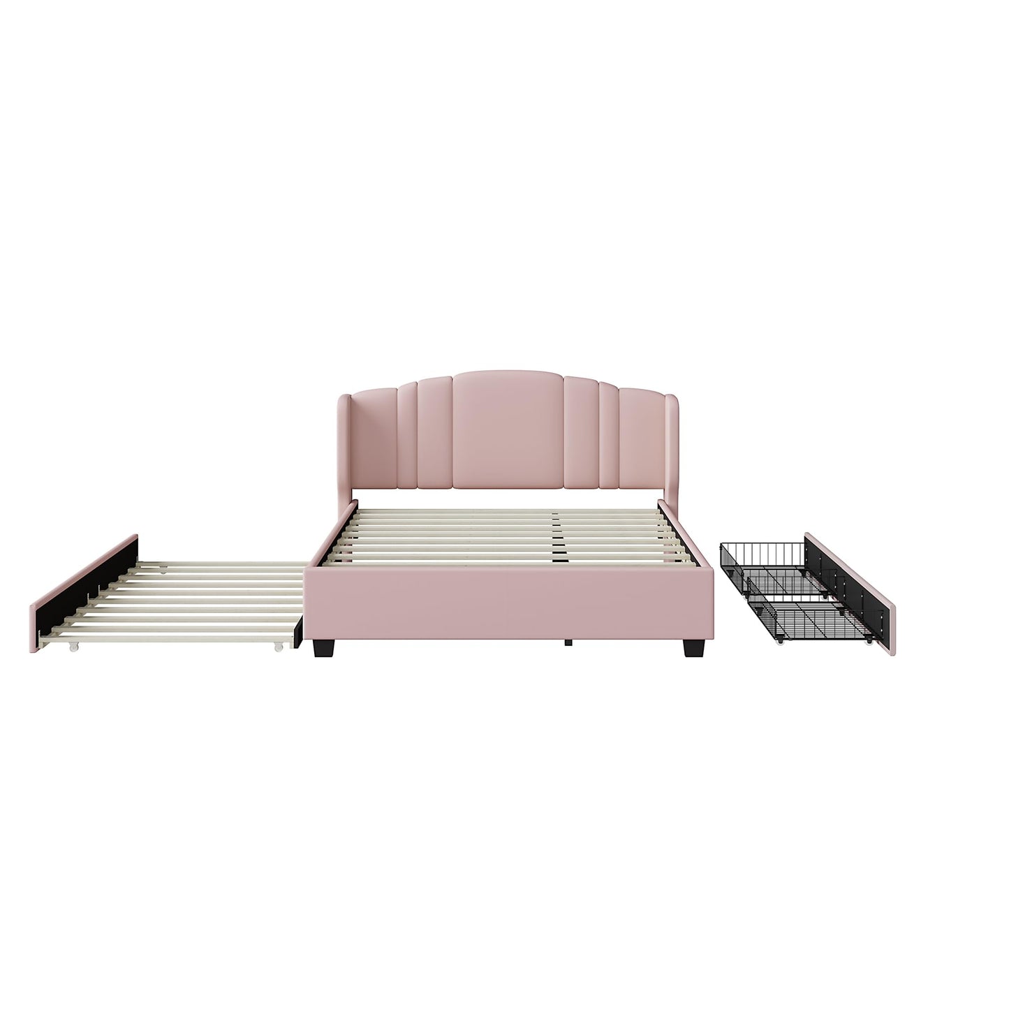 Merax Queen Size Platform Bed Frame with Twin Trundle, Storage 2 Drawers and Upholstered Headboard, No Box Spring Needed