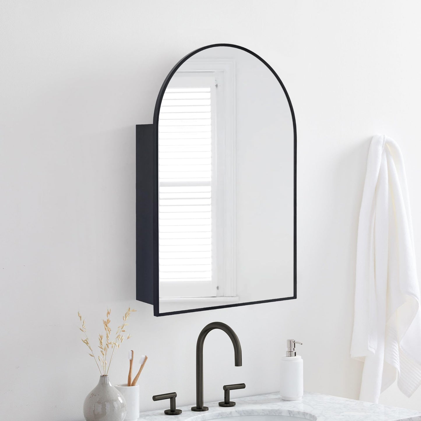 TEHOME 20 x 30'' Black Arched Bathroom Medicine Cabinet with Mirror Recessed and Surface Mounted Medicine Cabinet Mirror
