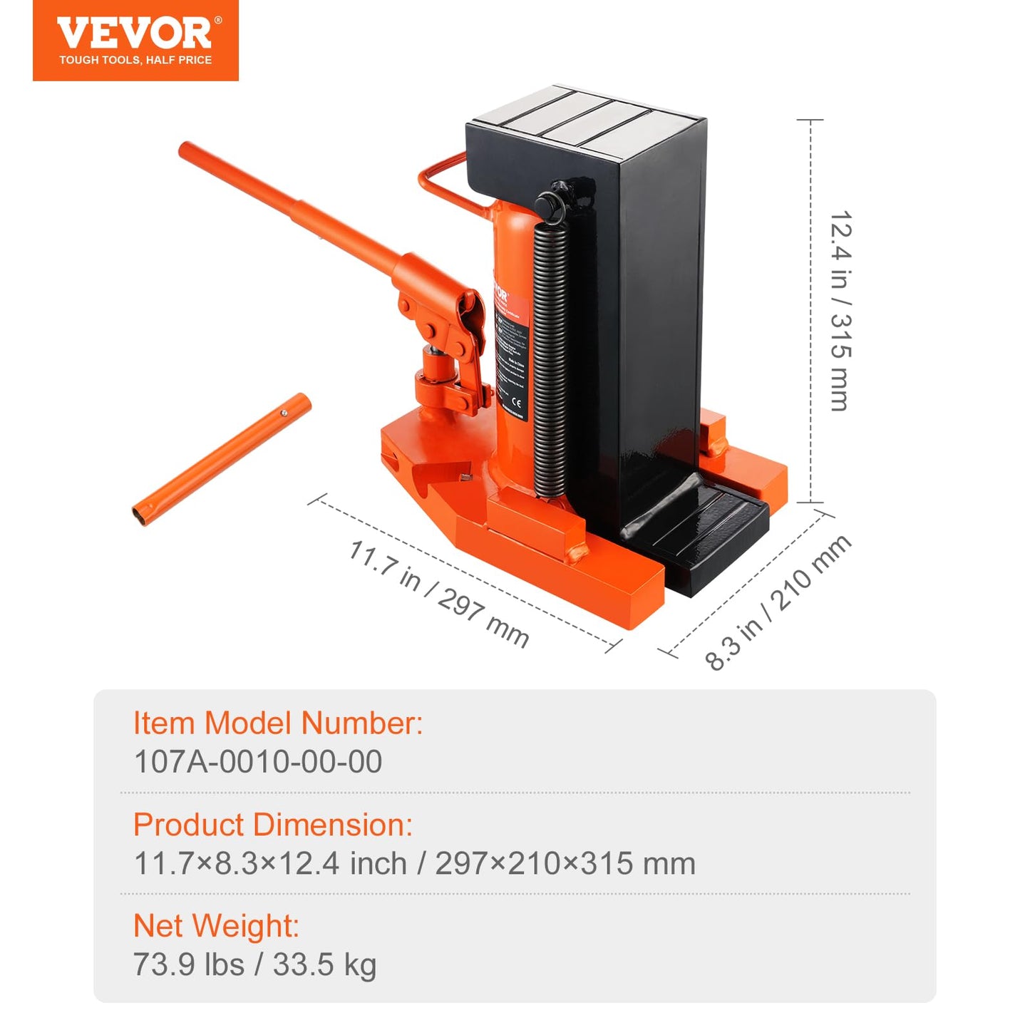 VEVOR Hydraulic Toe Jack, 10 Ton Lift, 20 Ton Capacity, 1.2-7.5 in Toe Height, 12.6-18.9 in Top Height, Air Hydraulic Claw Jack for Machinery