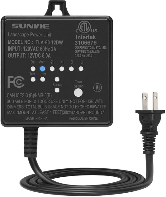 SUNVIE 60W Low Voltage Transformer for Landscape Lighting with Timer and Photocell Sensor, Waterproof, 120V AC to 12V DC