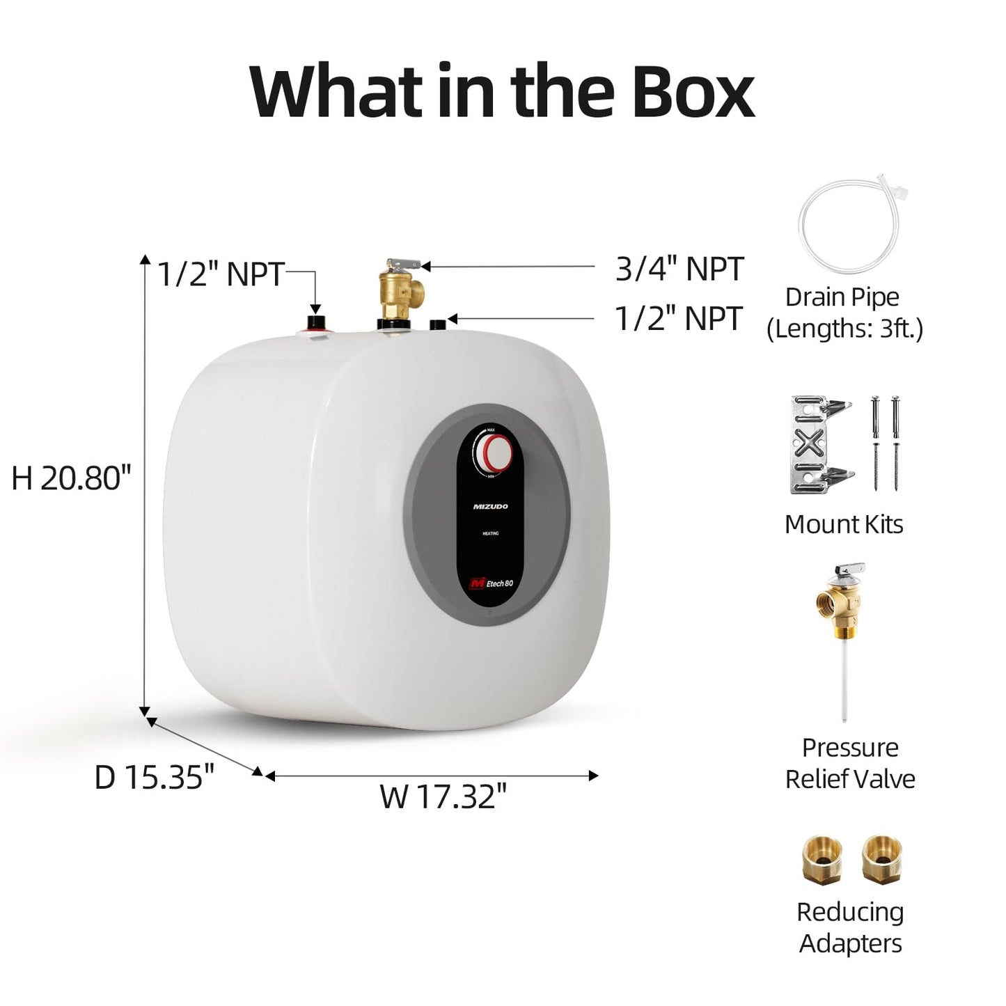 MIZUDO Electric Tank Water Heater - 8.0 Gallon Point of Use Instant Hot Water Heater for RV, Camper, Kitchen, Food Truck, 120V 1440W, Under Sink, Wall or Floor Mounted, Easy to Install