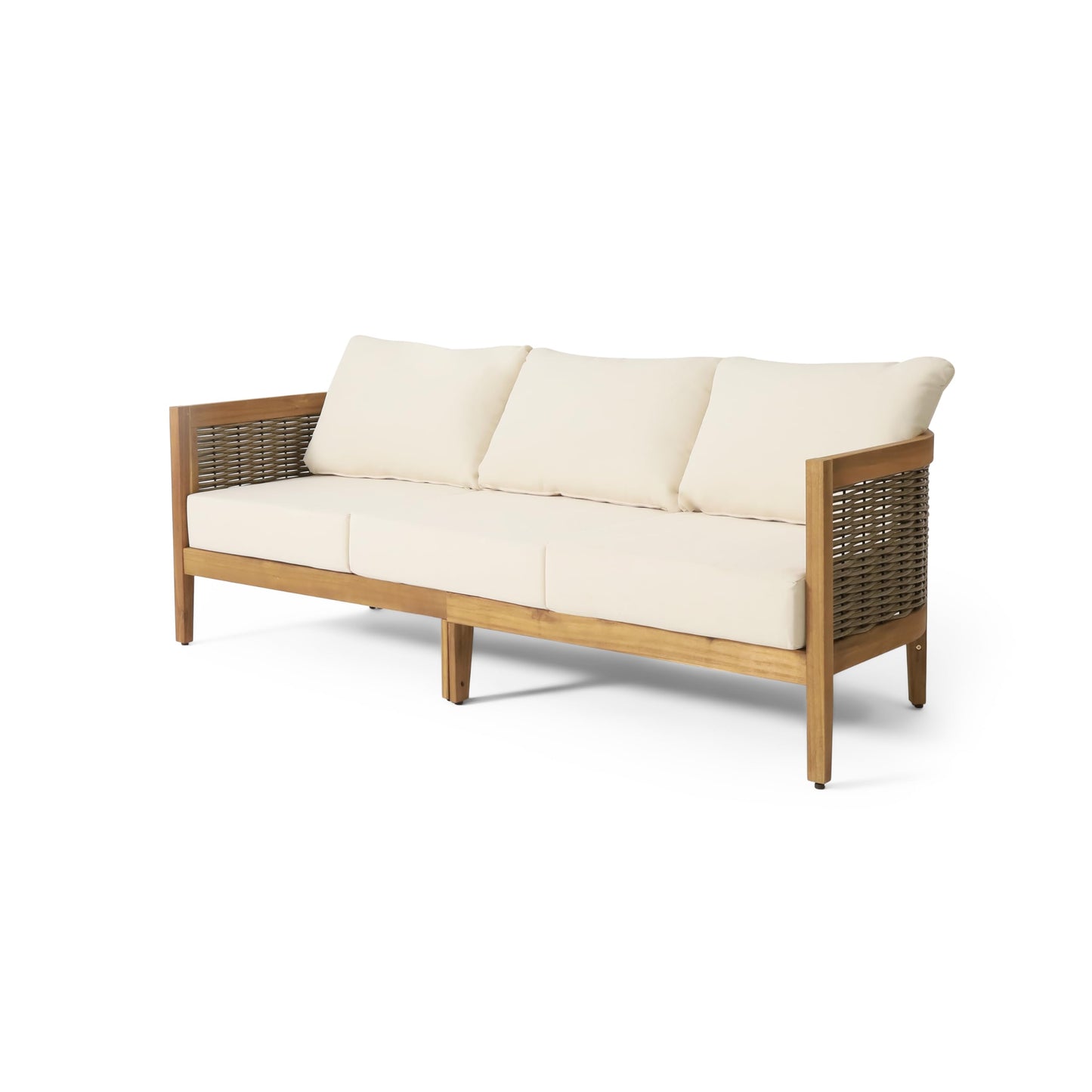 Merax 76.5" Outdoor Acacia Wood Wicker 3 Seater Sofa, Patio Furniture Couch for Backyard