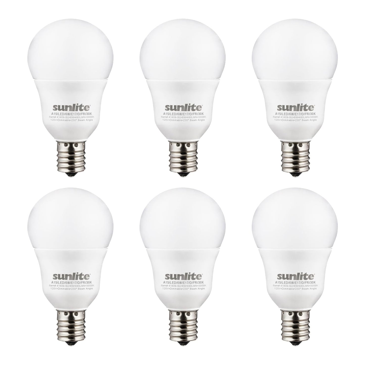 Sunlite A15 E17 LED Bulb, 6W (40W Equivalent), 480 Lumens, Dimmable, 6 Pack, Frosted Finish, 2700K Soft White