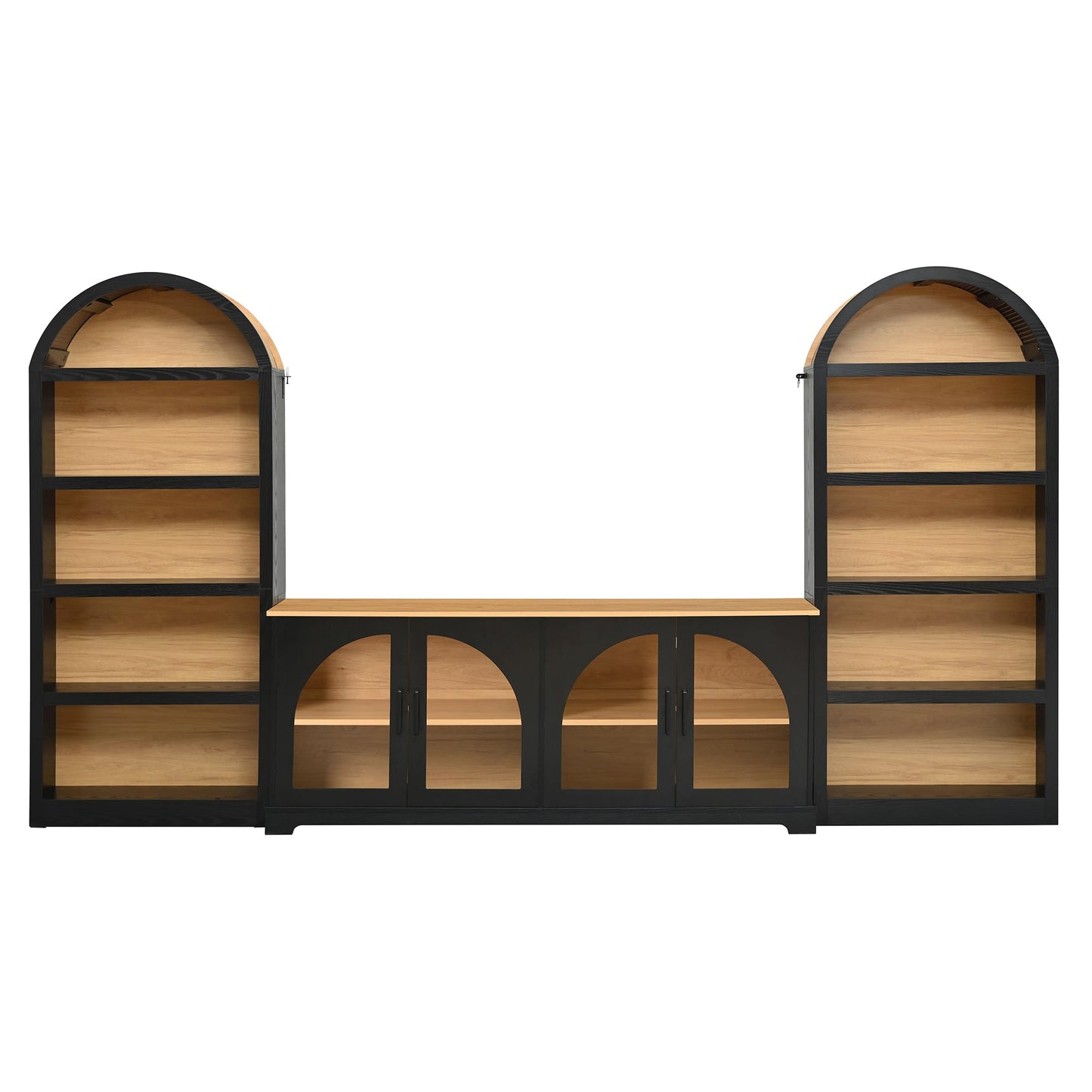 Merax Vintage Farmhouse TV Stand Set for TVs Up to 70" with Bookshelves, Two-Tone & Arched Design Entertainment Center with Tempered Glass Doors, 3-Piece Retro Media Console Sideboard, Black