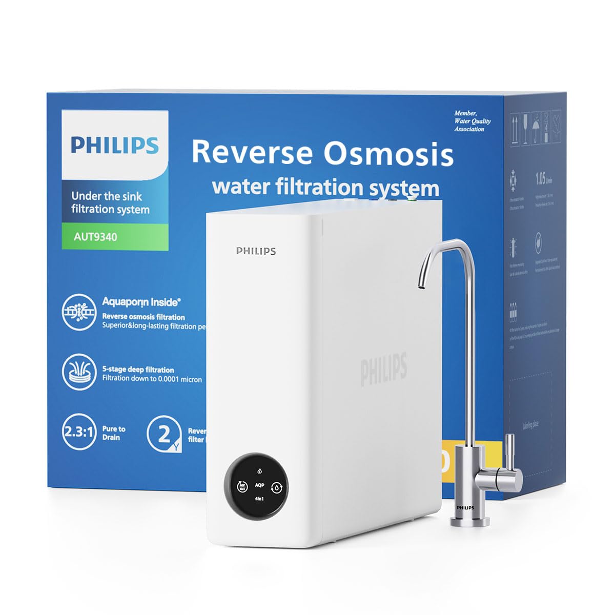 Philips AUT9340 Reverse Osmosis Water Filter,400 GPD Tankless Water Filtration 2.3:1 Pure to Drain, Reduces TDS, NSF/ANSI 372 UL 979 & CSA C22.2 No.68 Certified with Always Fresh Water