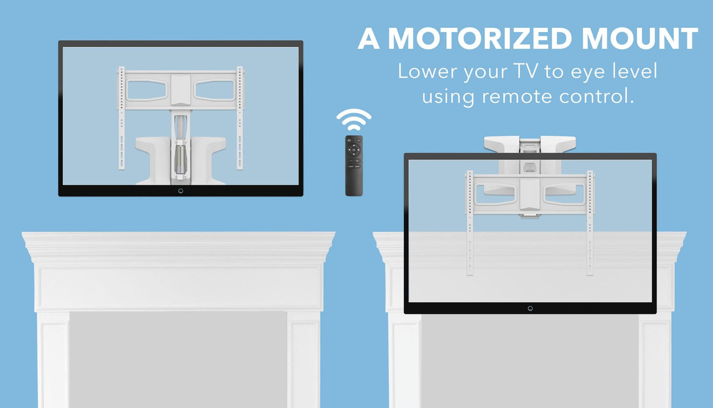 MOUNT-IT! Motorized Fireplace TV Wall Mount | Remote Control Electric Pull Down Mantel Mounting Bracket, Up to 77 Lbs Weight Capacity, Height Adjustable, Swivel, VESA 600x400 Compatible, White