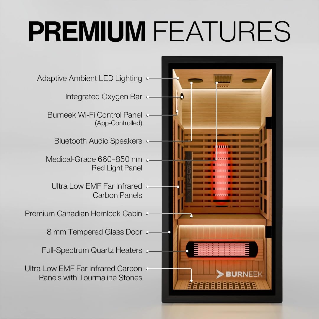 Burneek Infrared Sauna - Sauna Box for Home Sauna with Quartz Heaters, Low EMF, Chromotherapy, Bluetooth Speakers - Red Light Sauna for Relaxation & Wellness, Infrared Sauna with Red Light Therapy