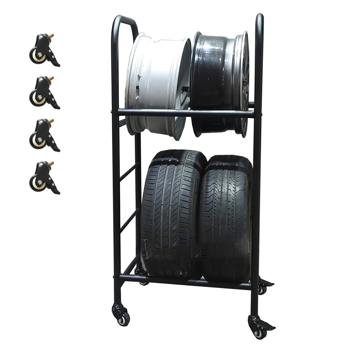 Tire Storage Rack for Garage, 2-Tier Black Tire Storage Rack, Freestanding Multi Tire Display System, for Garage, Carport, Shop, Sheds, for Holds 4 Tire with Rims