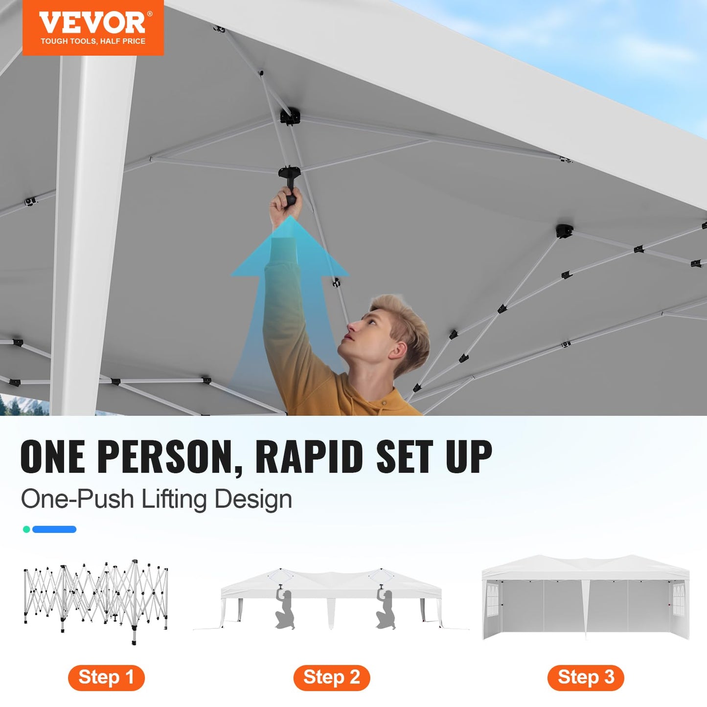VEVOR Pop Up Canopy, 10 x 20 FT Instant Canopy Portable Gazebo with 3 Sidewalls & 2 Ventilated Windows, Height Adjustable Pop-Up Outdoor Shelter Tent for Events, Patio, Backyard, Party, Parking