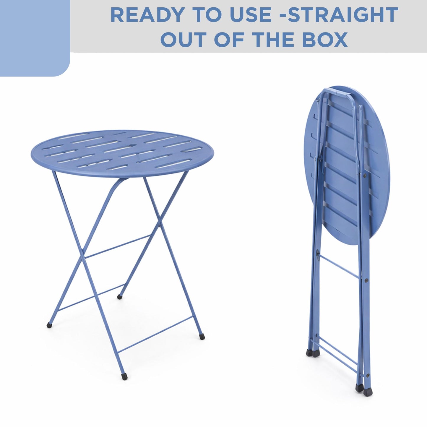 Alpine Corporation VTFAM168A-BL 3-Piece Blue Metal Folding Bistro Set – 20" Round Patio Table with 2 Folding Chairs – Portable Indoor/Outdoor Balcony & Garden Furniture Set