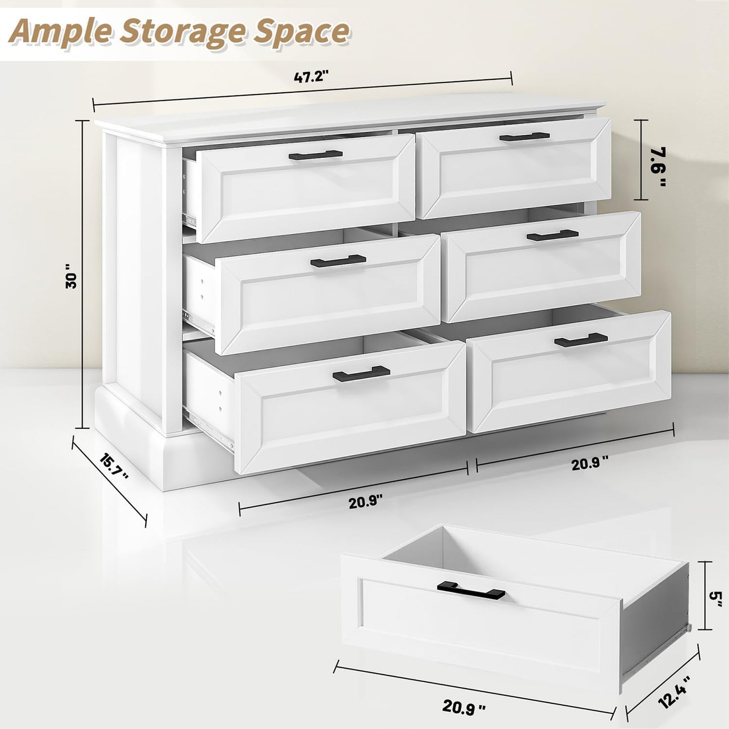 biukpci White 6 Drawer Dresser for Bedroom, Modern Chest of Drawers with Deep Drawers, Wood Double Dresser for Storage Clothes