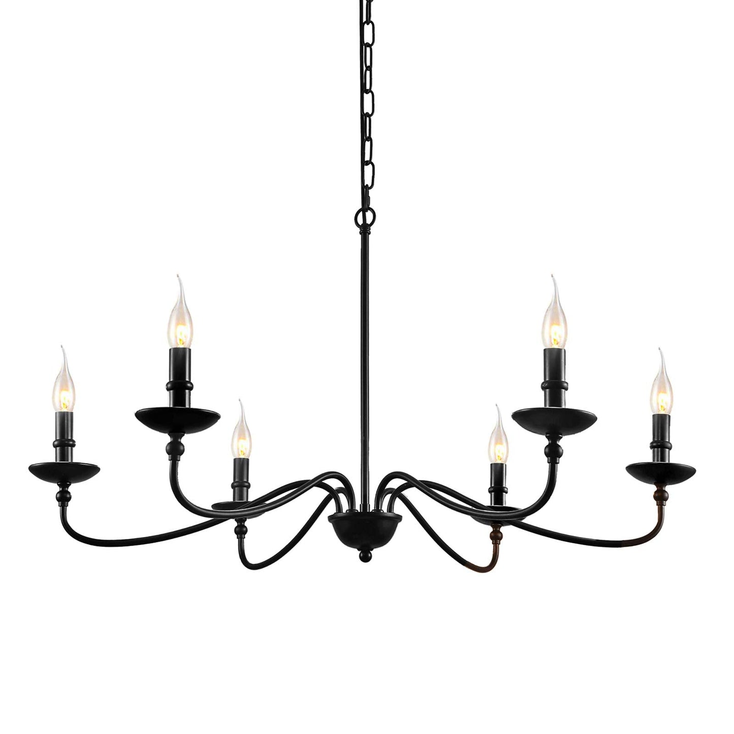SEOL 6-Light Candelabra Chandelier, 36in Dia, Matt Black, Model SLP1902BK, Farmhouse Ceiling Pendant Light Fixture