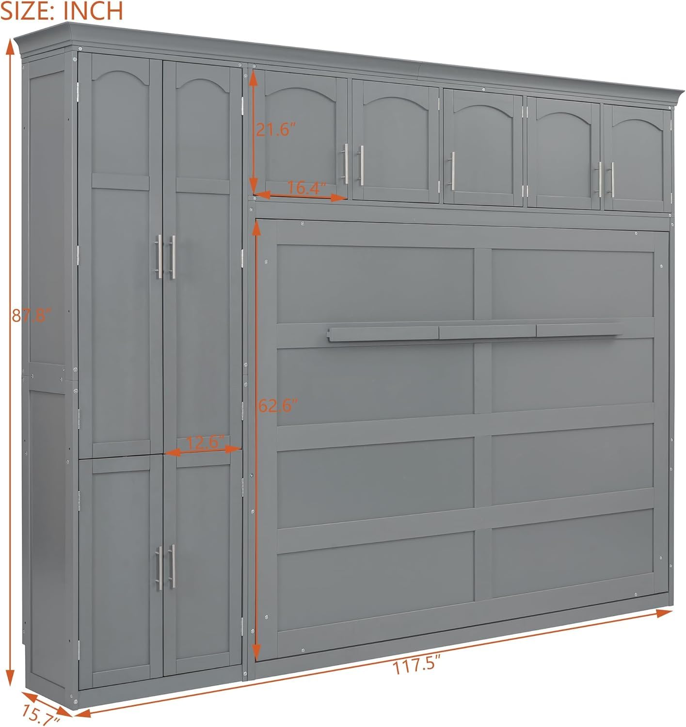 Virubi Queen Horizontal Murphy Bed Cabinet with Storage Cabinet,Wood Folding Murphy Wall Bed for Adult (Grey)