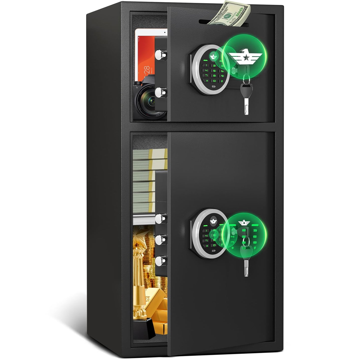 Luzfuego 2026 NEW Large Home safe Fireproof Waterproof, 6.0 Cub Money Safe with Drop Slot & Metal Deposit Storage Box, Fingerprint Safe with Dual Alarm System & Mute Mode for Valuables