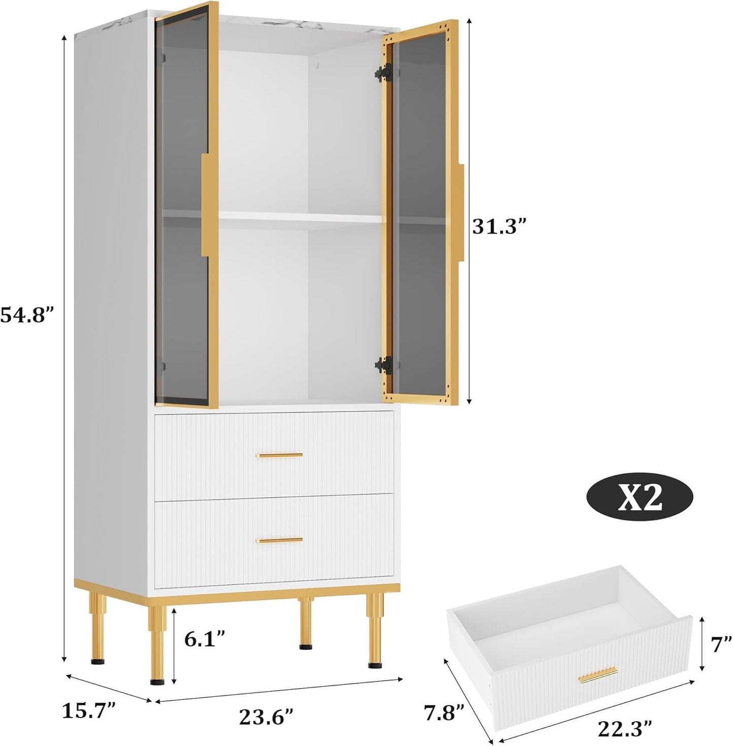 MERXENG Fluted Glass Door Storage Cabinet w/Adjustable Shelves & 2 Drawers | White Contemporary Display Unit for Kitchen Pantry or Living Room Storage