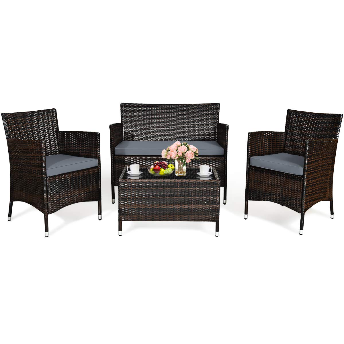 Tangkula 4 PCS Patio Rattan Conversation Set, Outdoor Wicker Furniture Set with Tempered Glass Coffee Table &Thick Cushion, Rattan Chair Wicker Set for Garden, Lawn, Poolside and Backyard (1, Gray)
