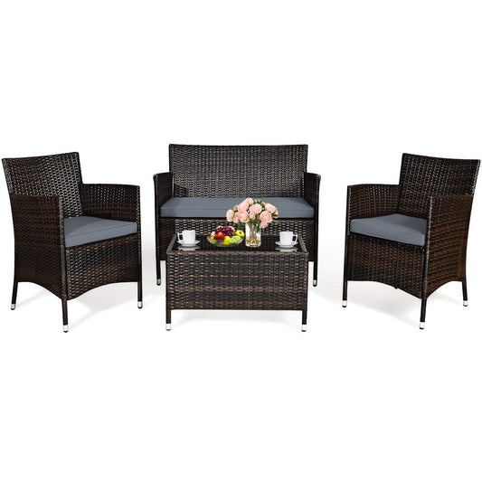 Tangkula 4 PCS Patio Rattan Conversation Set, Outdoor Wicker Furniture Set with Tempered Glass Coffee Table &Thick Cushion, Rattan Chair Wicker Set for Garden, Lawn, Poolside and Backyard (1, Gray)