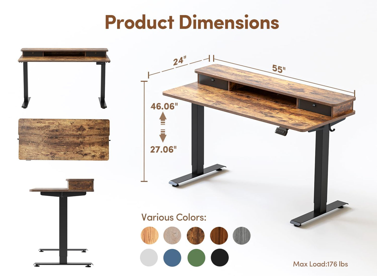 BANTI 55x24 Inch Electric Standing Desk with Double Drawers, Adjustable Height Stand Up Desk, Sit Stand Home Office Desk with Storage Shelf, Vintage Brown Top