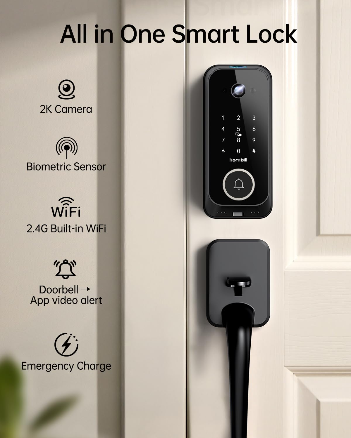 Smart Front Door Lock Sets: 2K HD Camera Lock with Doorbell Kits, Hornbill Fingerprint Keyless Entry Door Lock with Handles, WiFi Deadbolt(only 2.4G) for Remote Control, Free APP/Alexa/PIR, Black
