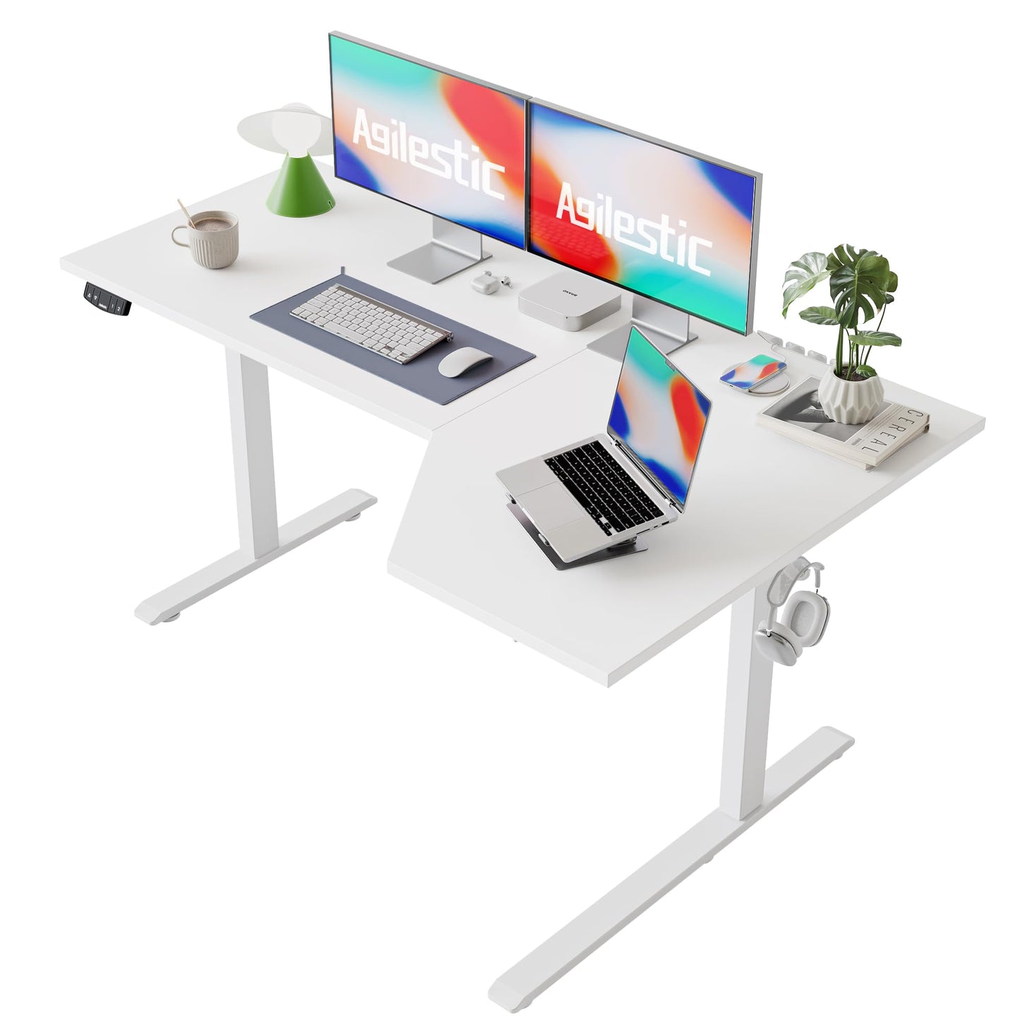 Agilestic Electric Standing Desk, Height Adjustable Desk, 59 x 35 Inch Sit Stand up for Work Office Home, L Shaped Ergonomic Rising Computer Table with Memory Preset, White