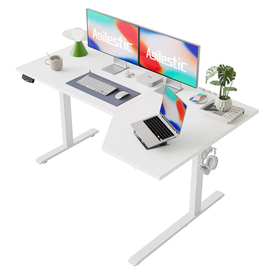 Agilestic Electric Standing Desk, Height Adjustable Desk, 59 x 35 Inch Sit Stand up for Work Office Home, L Shaped Ergonomic Rising Computer Table with Memory Preset, White