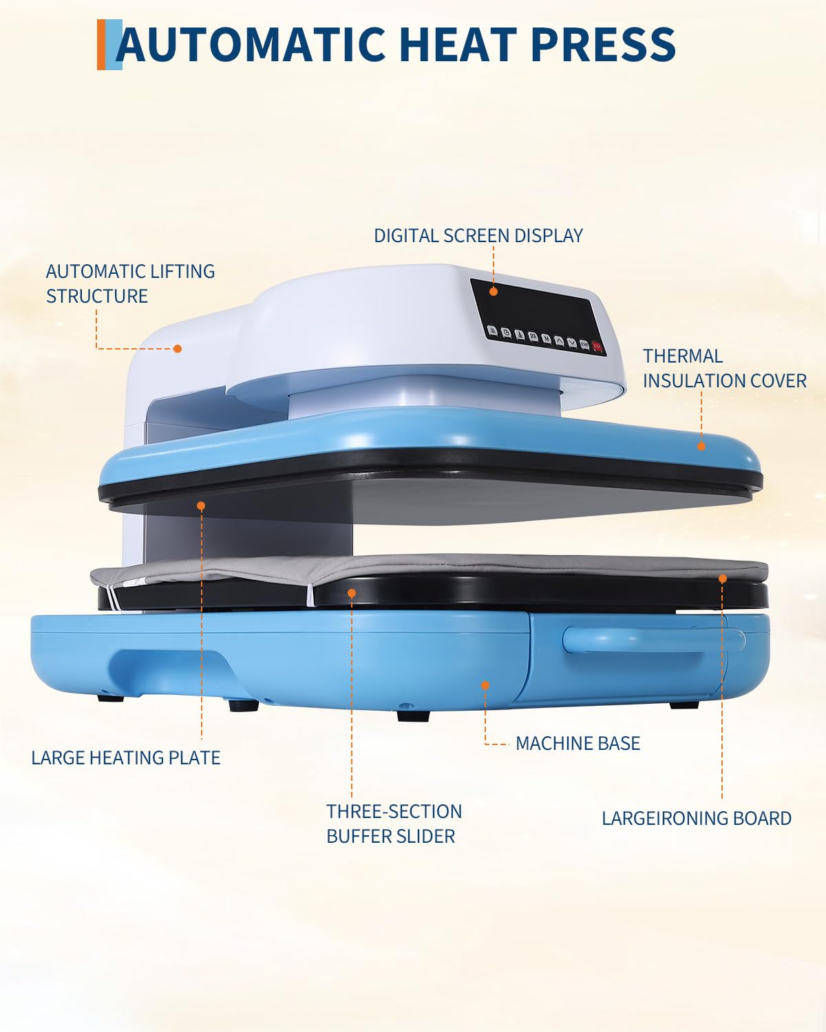 Auto Heat Press Machine 15x15 T Shirts Smart Press Machine with Auto Release and Adjustable Pressure, Digital Display, Rapid Heating, for Sublimation, Vinyl, Heat Transfer Projects, Blue